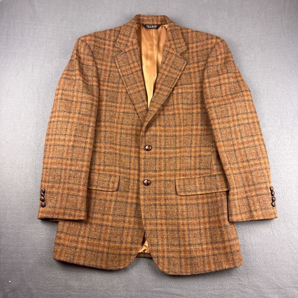 Jos A Bank Jacket Men's 39R Brown Harris Tweed Wool Plaid Blazer Sport Coat